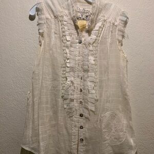 Da-Nang Cream Sheer Blouse Size XS Ruffled Sleeveless Blouse